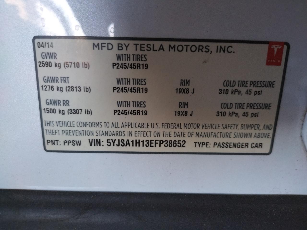 Photo 10 from auction – 2014 TESLA MODEL S with VIN 5YJSA1H13EFP38652