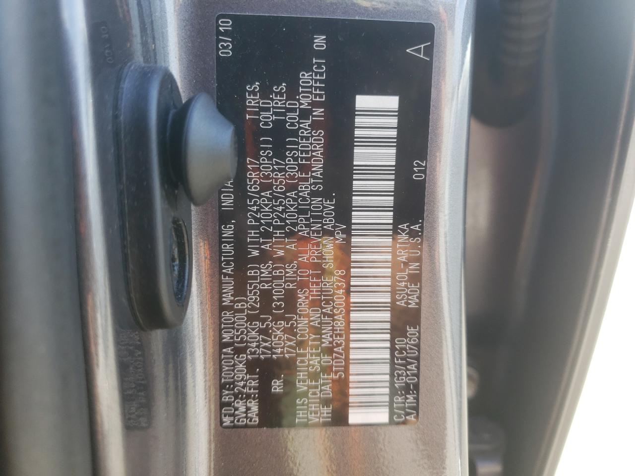 Photo 10 from auction – 2010 TOYOTA HIGHLANDER with VIN 5TDZA3EH8AS004378