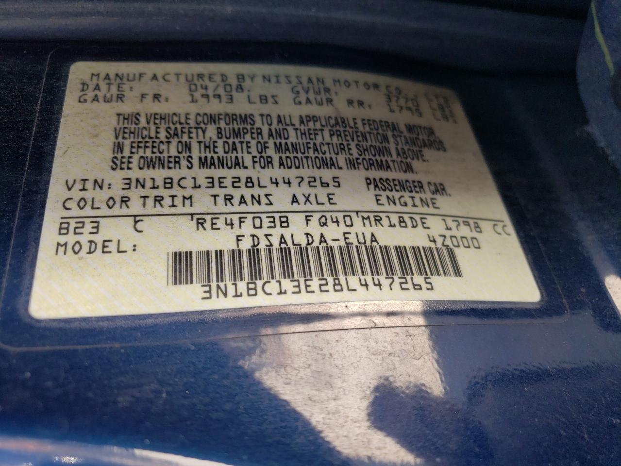 Photo 10 from auction – 2008 NISSAN VERSA S with VIN 3N1BC13E28L447265