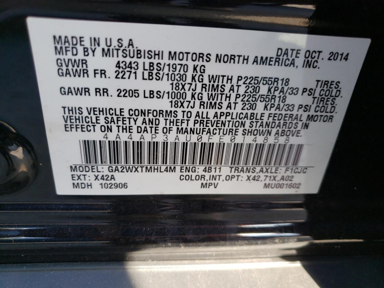 Foto 10 de la subasta – 2015 MITSUBISHI OUTLANDER con VIN 4A4AP3AU0FE014858