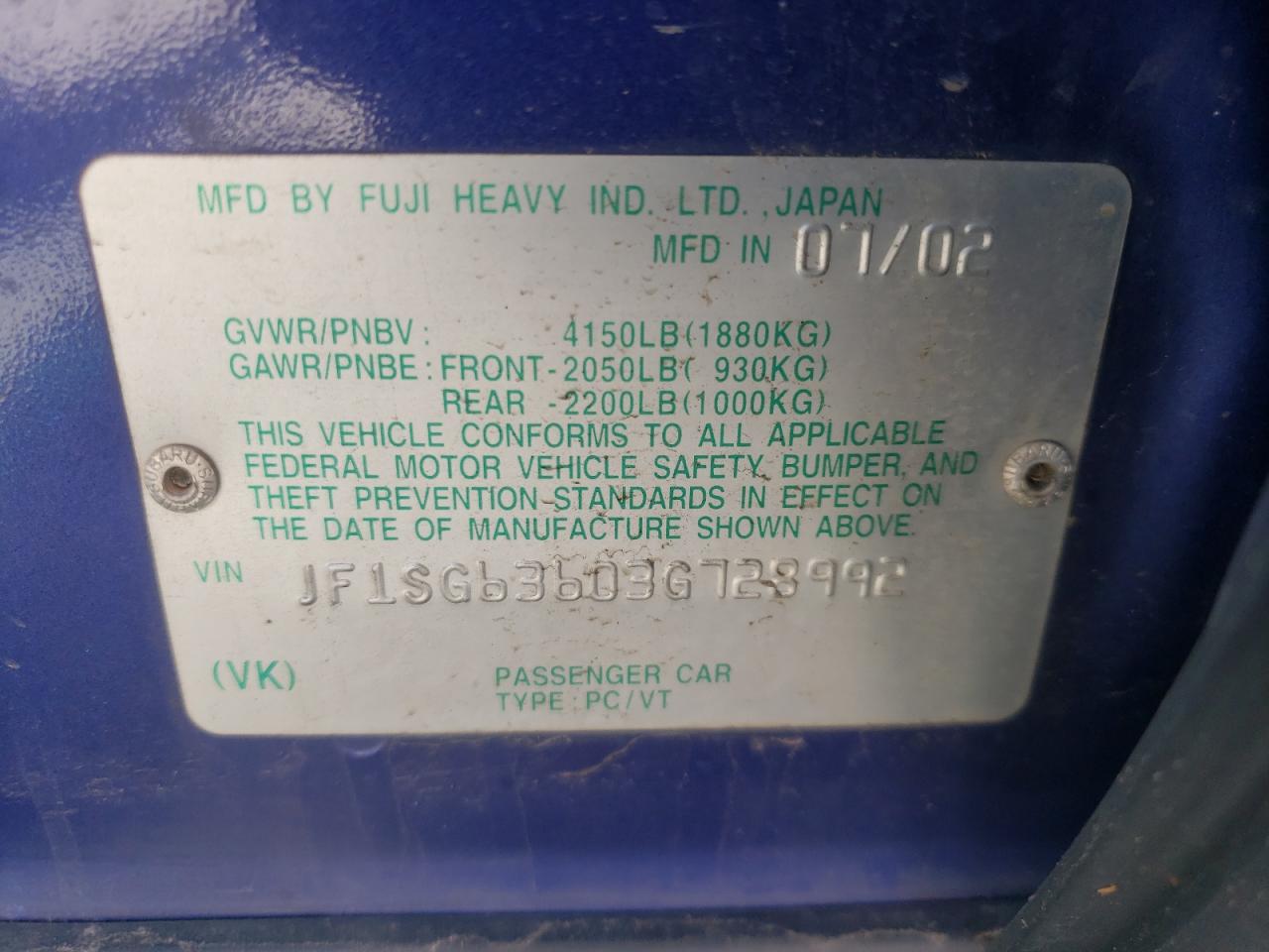 Photo 10 from auction – 2003 SUBARU FORESTER 2 with VIN JF1SG63603G728992
