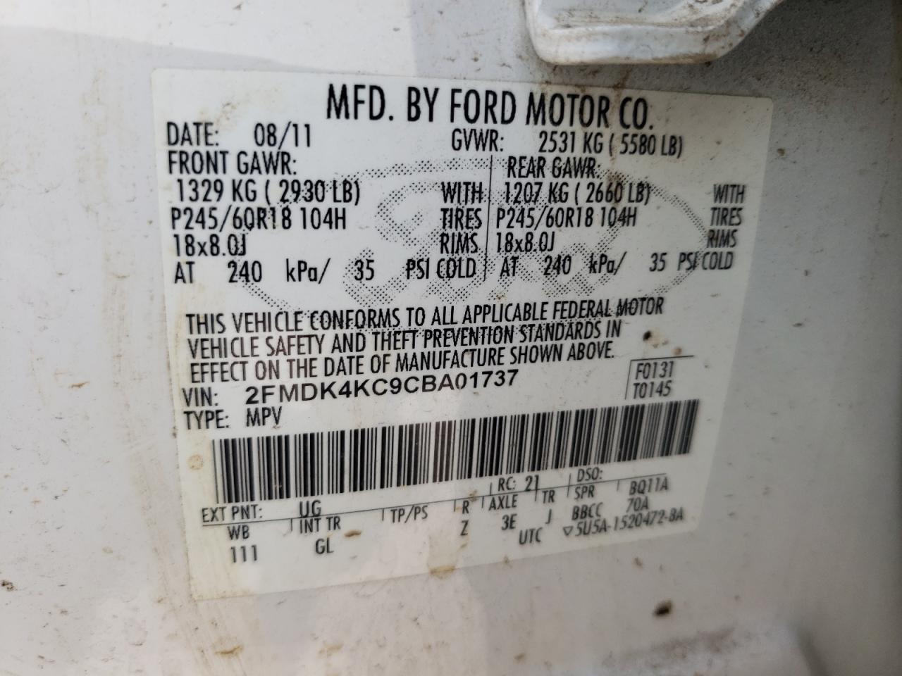 Photo 10 from auction – 2012 FORD EDGE LIMIT with VIN 2FMDK4KC9CBA01737