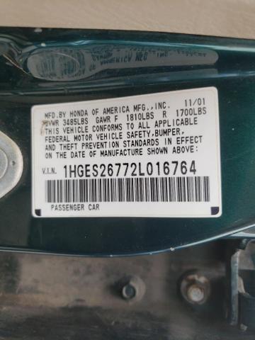 HONDA CIVIC EX 2002 with VIN 1HGES26772L016764 - Photo from auction