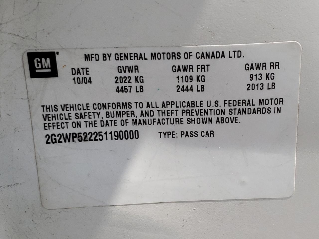 Photo 10 from auction – 2005 PONTIAC GRAND PRIX with VIN 2G2WP522251190000