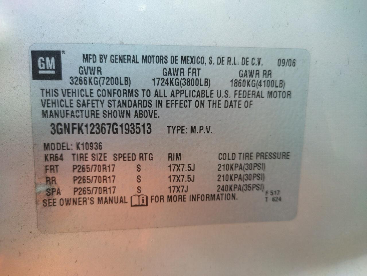 Photo 10 from auction – 2007 CHEVROLET AVALANCHE with VIN 3GNFK12367G193513