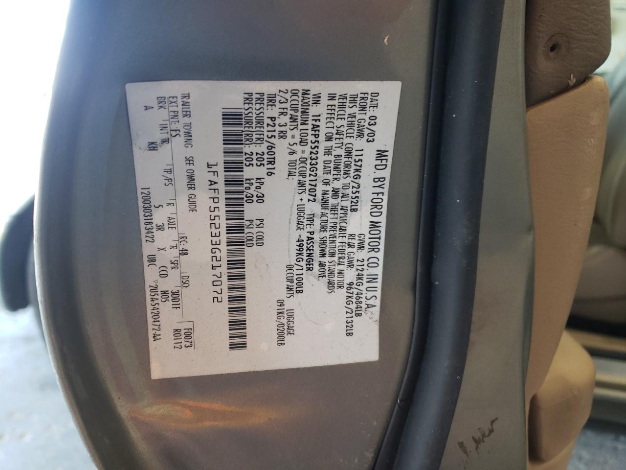 Photo 10 from auction – 2003 FORD TAURUS SES with VIN 1FAFP55233G217072