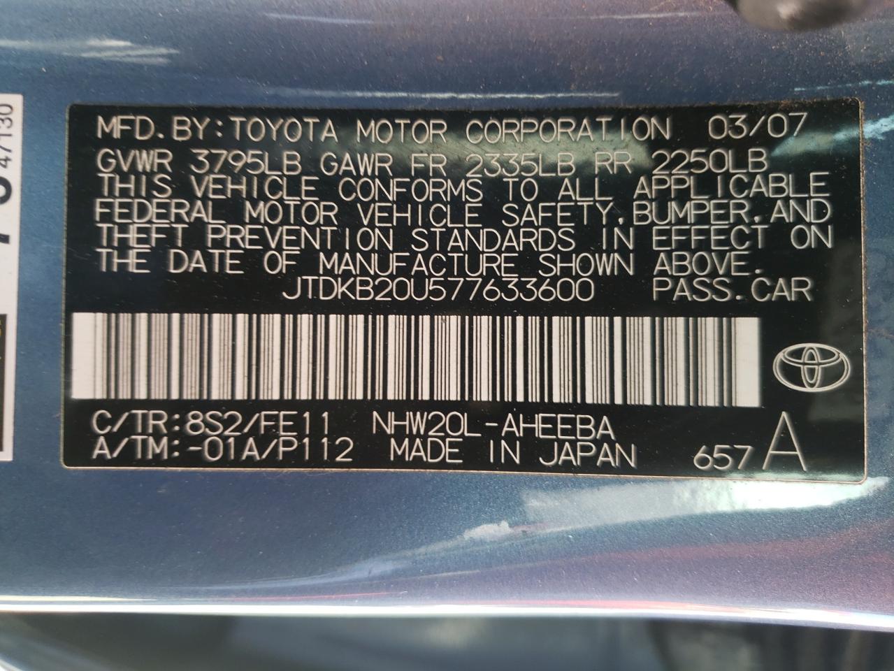 Photo 10 from auction – 2007 TOYOTA PRIUS with VIN JTDKB20U577633600