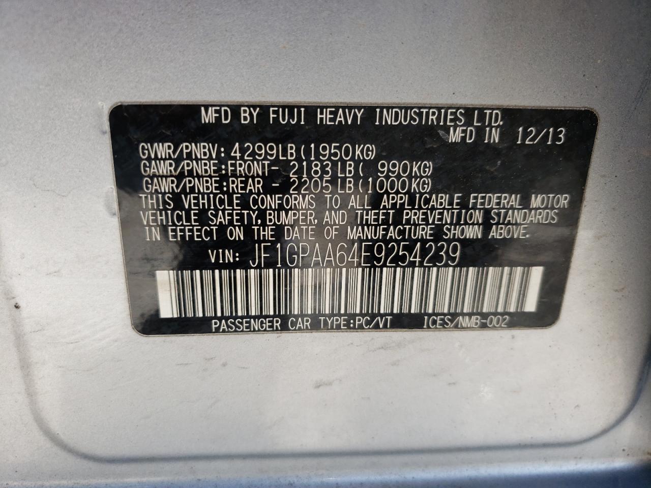 Photo 10 from auction – 2014 SUBARU IMPREZA with VIN JF1GPAA64E9254239