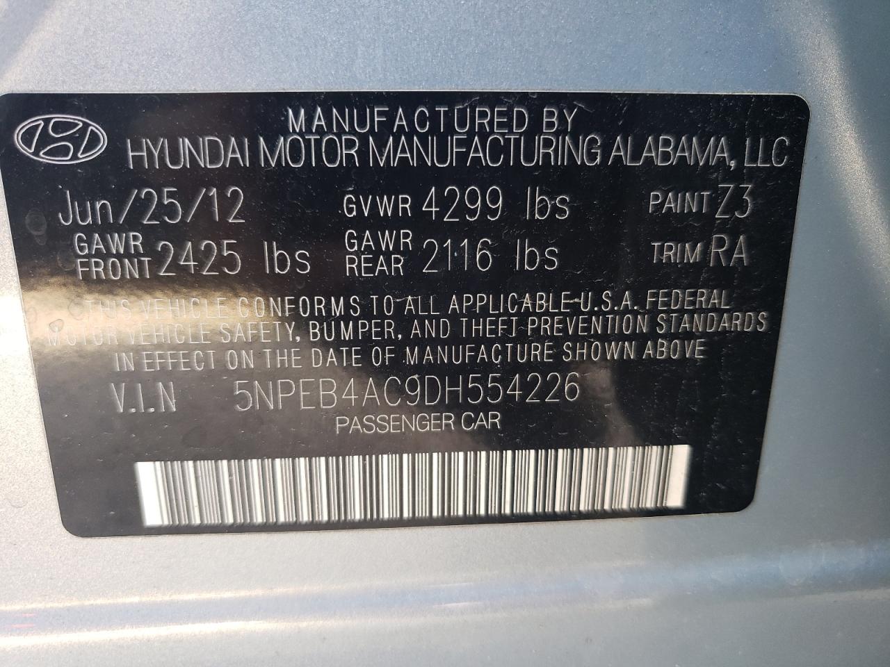 Photo 10 from auction – 2013 HYUNDAI SONATA GLS with VIN 5NPEB4AC9DH554226