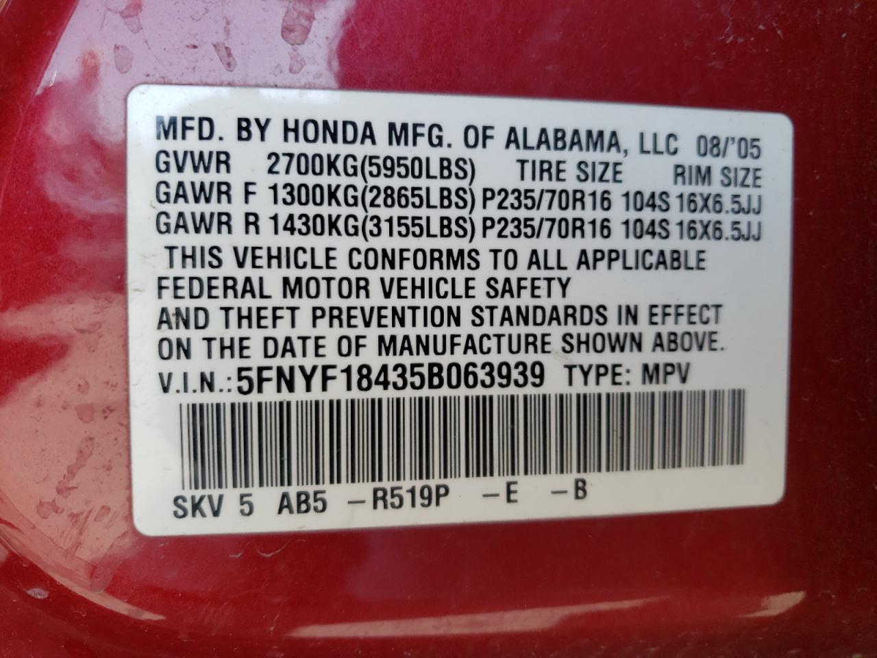 Photo 10 from auction – 2005 HONDA PILOT EX with VIN 5FNYF18435B063939