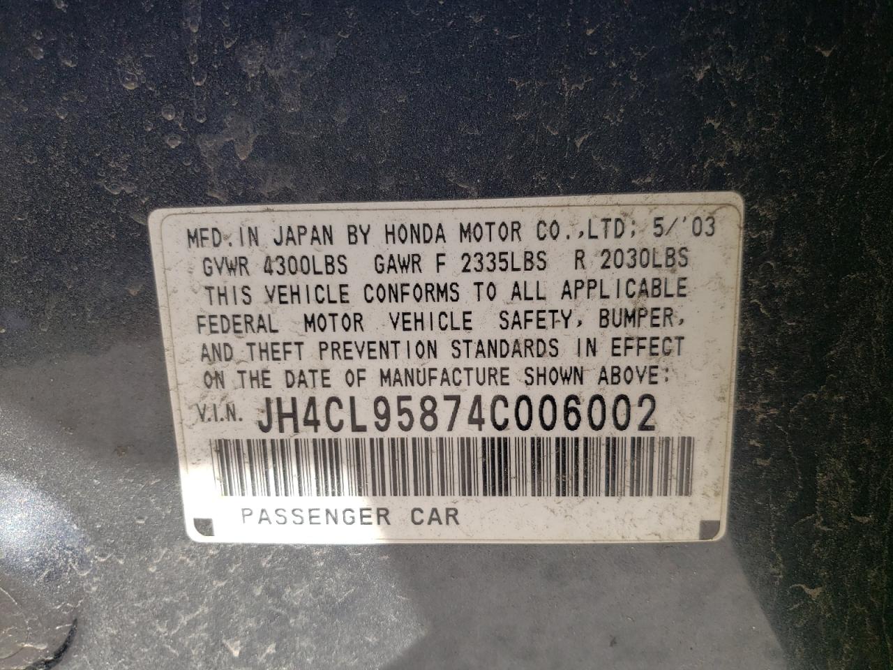Photo 10 from auction – 2004 ACURA TSX with VIN JH4CL95874C006002