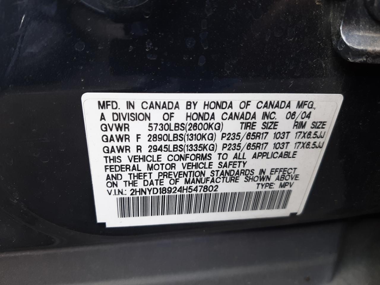 Photo 10 from auction – 2004 ACURA MDX TOURIN with VIN 2HNYD18924H547802