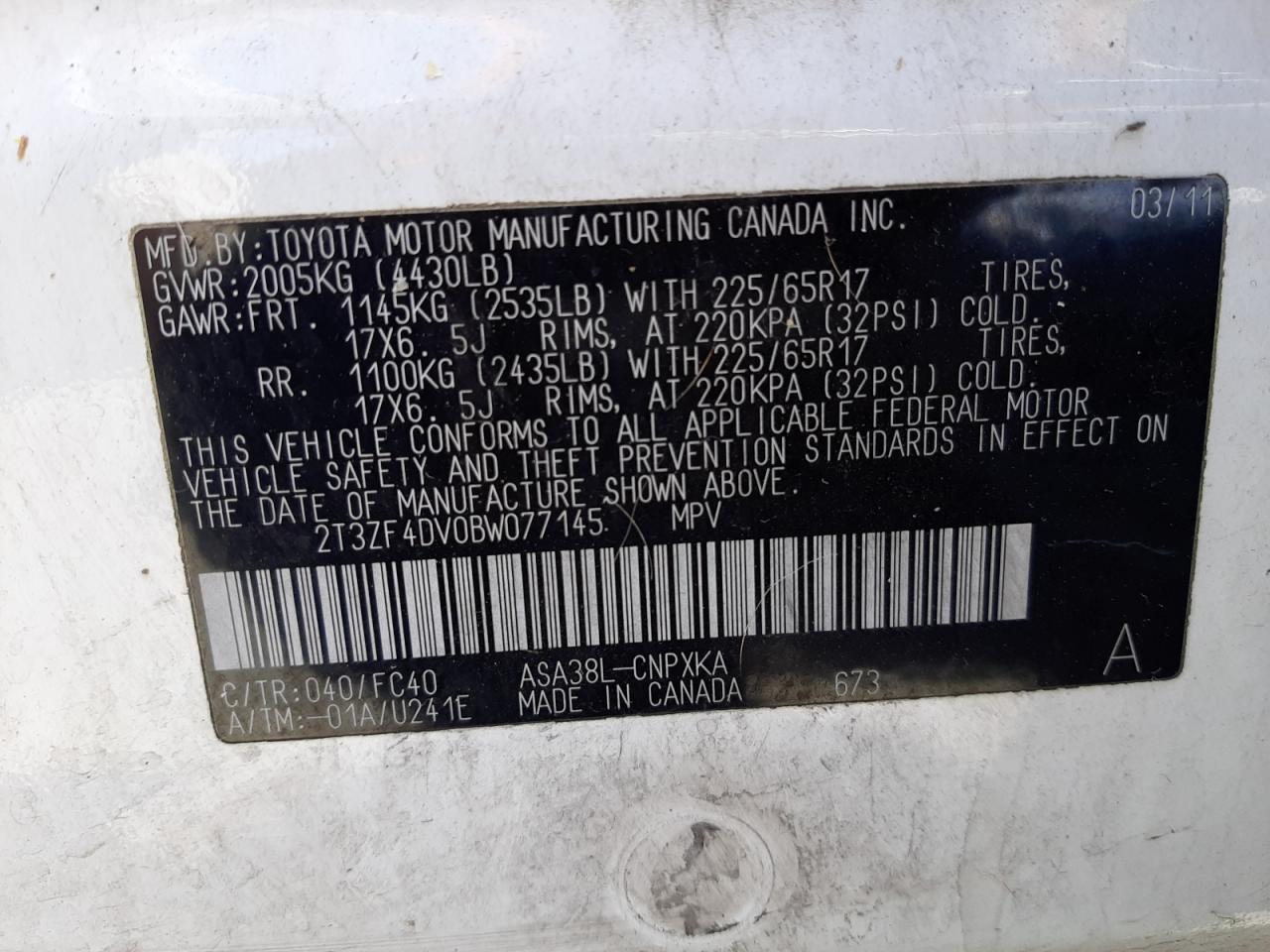 Photo 10 from auction – 2011 TOYOTA RAV4 with VIN 2T3ZF4DV0BW077145