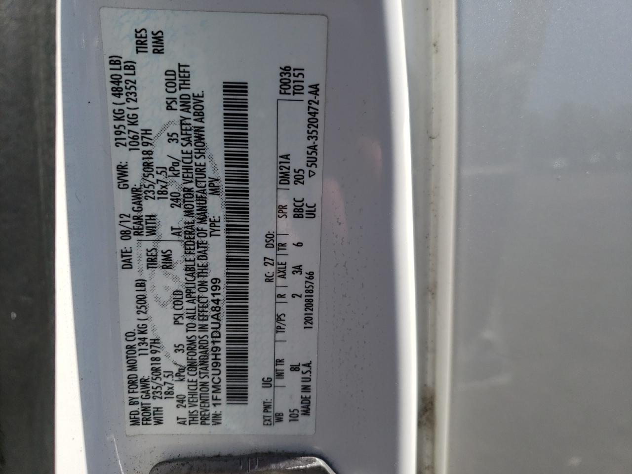Photo 10 from auction – 2013 FORD ESCAPE SEL with VIN 1FMCU9H91DUA84199
