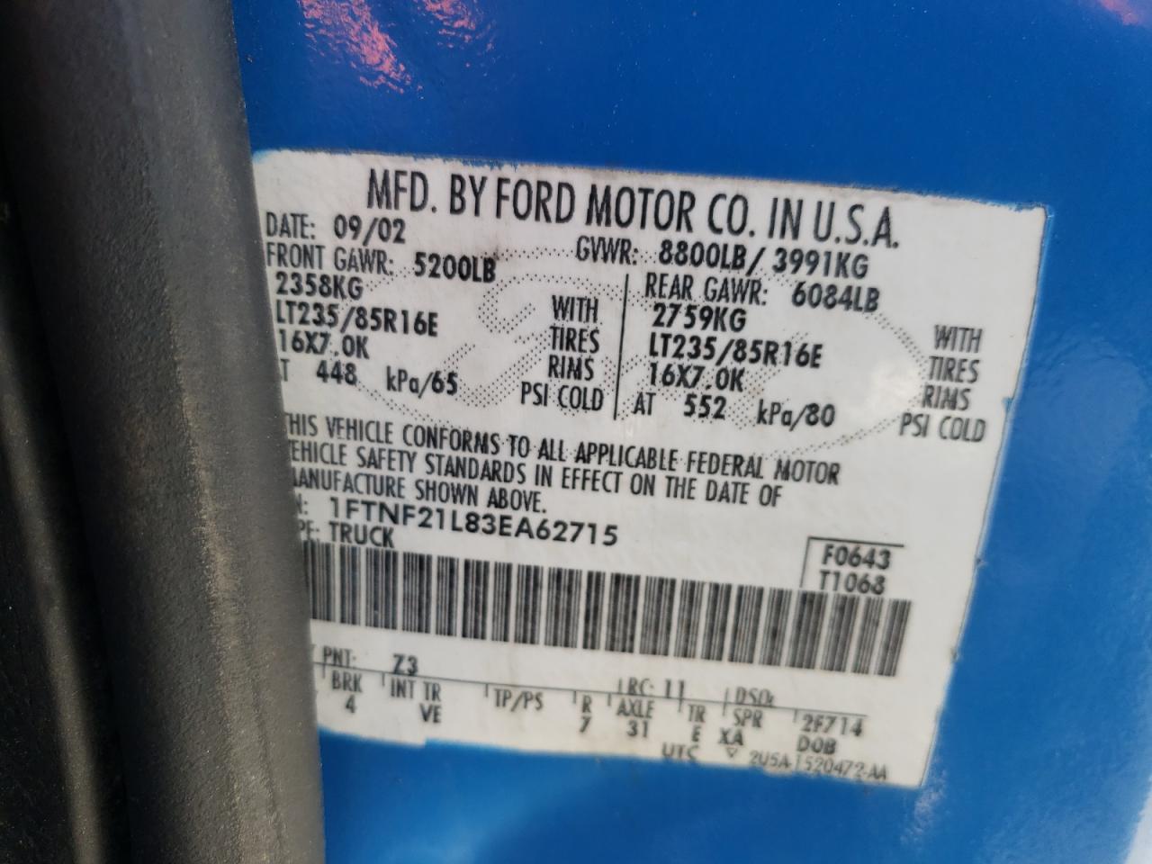 Photo 10 from auction – 2003 FORD F250 SUPER with VIN 1FTNF21L83EA62715