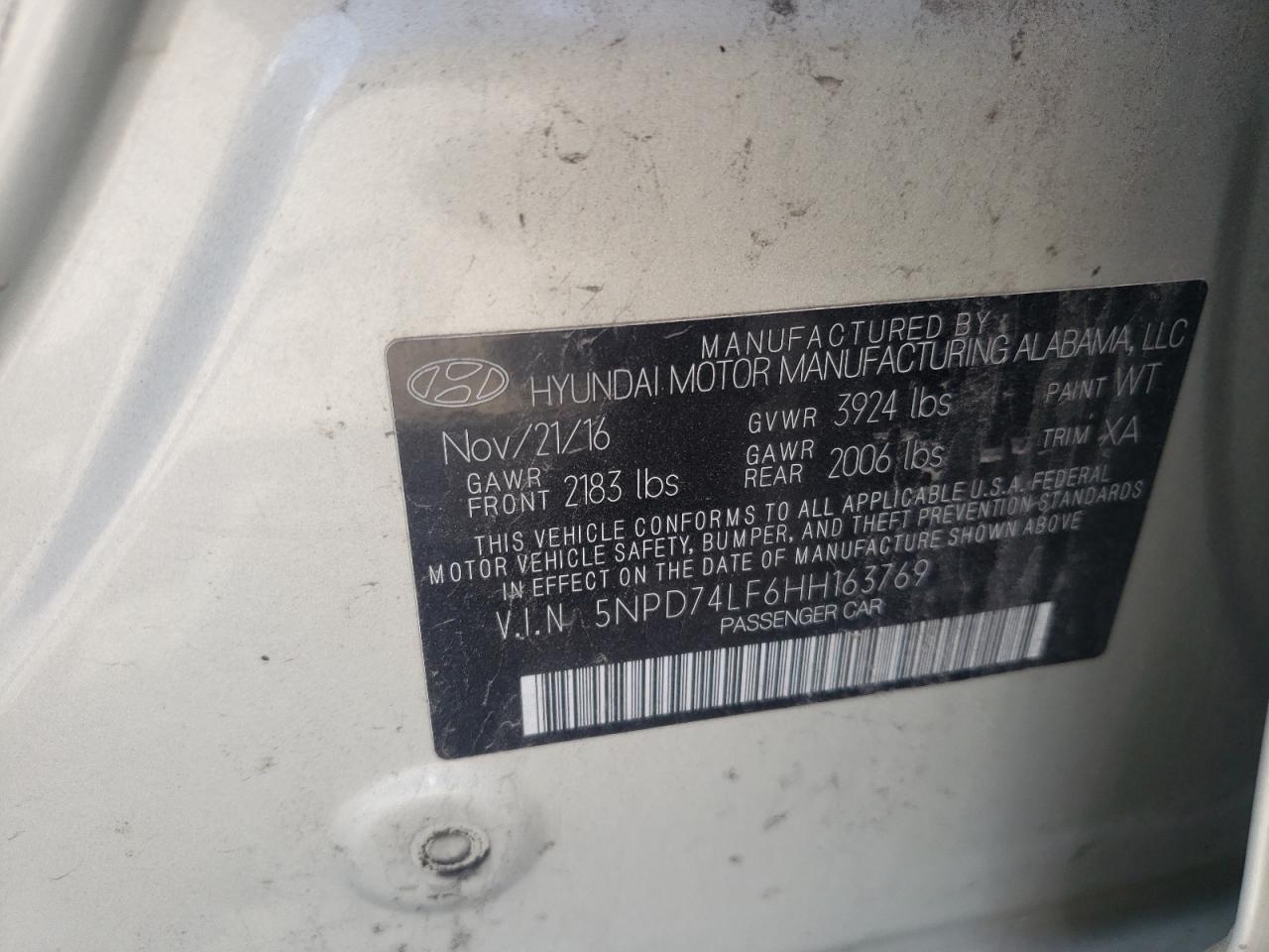 Photo 10 from auction – 2017 HYUNDAI ELANTRA SE with VIN 5NPD74LF6HH163769