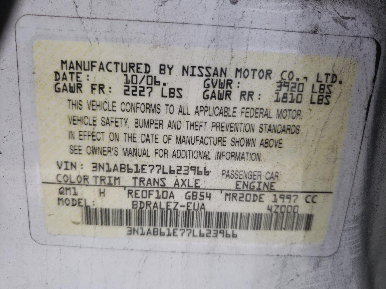 Photo 10 from auction – 2007 NISSAN SENTRA 2.0 with VIN 3N1AB61E77L623966