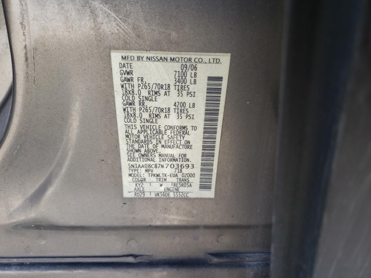 Photo 10 from auction – 2007 NISSAN ARMADA SE with VIN 5N1AA08C87N703693