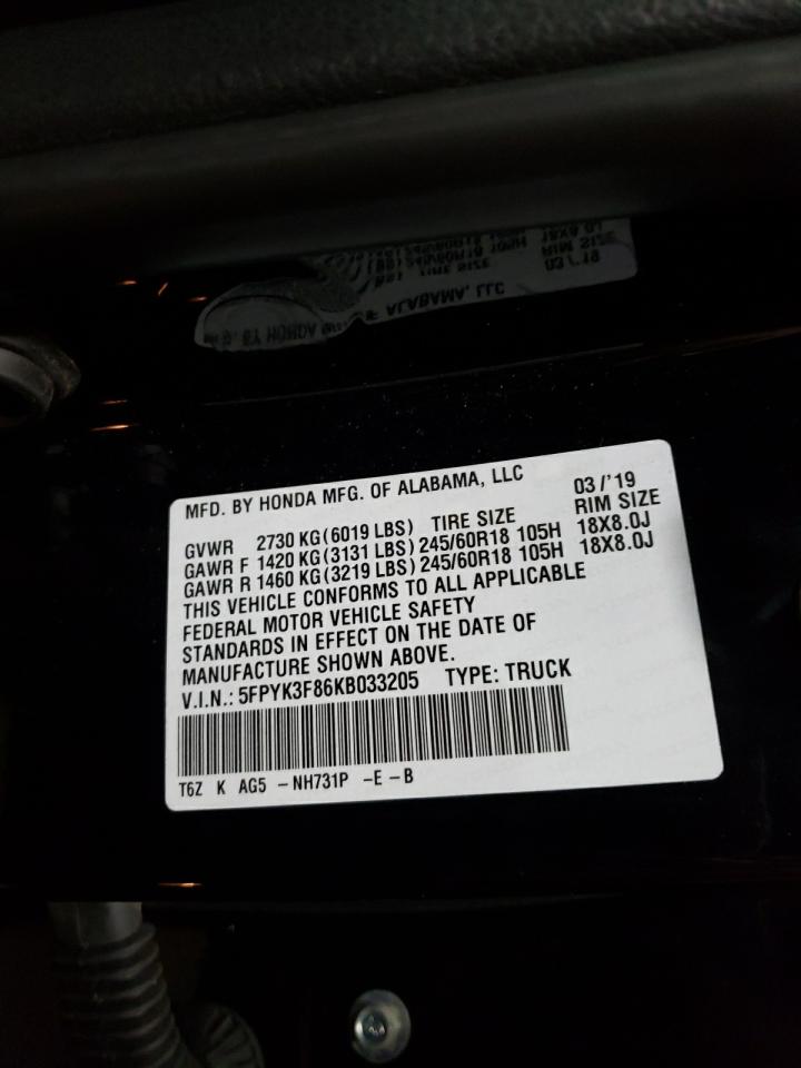 Photo 10 from auction – 2019 HONDA RIDGELINE with VIN 5FPYK3F86KB033205