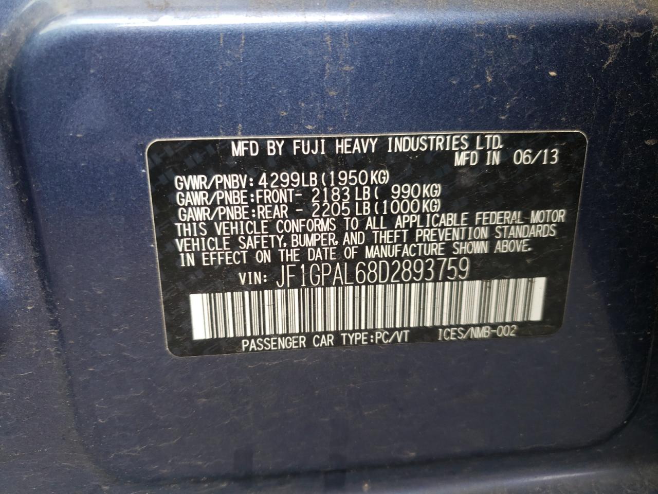 Photo 10 from auction – 2013 SUBARU IMPREZA SP with VIN JF1GPAL68D2893759
