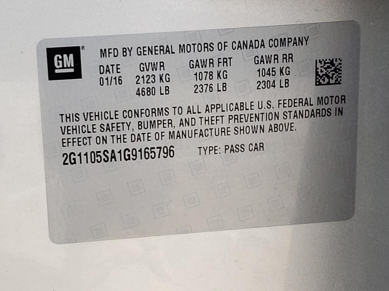 Photo 10 from auction – 2016 CHEVROLET IMPALA LT with VIN 2G1105SA1G9165796