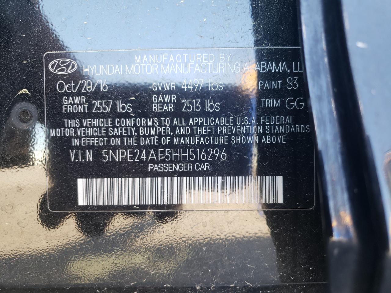 Photo 10 from auction – 2017 HYUNDAI SONATA SE with VIN 5NPE24AF5HH516296