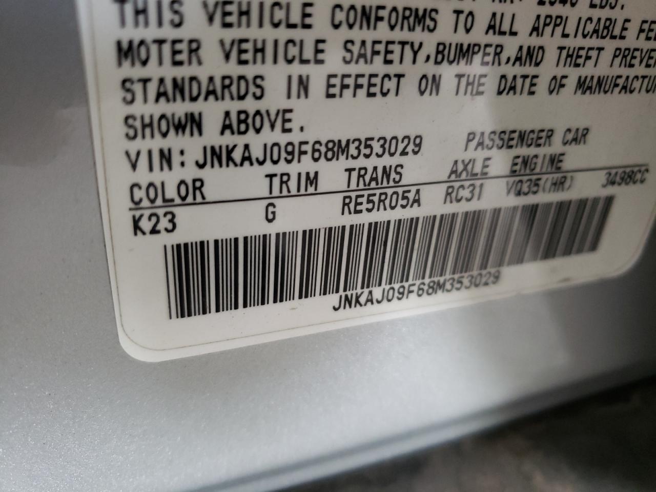 Photo 10 from auction – 2008 INFINITI EX35 BASE with VIN JNKAJ09F68M353029