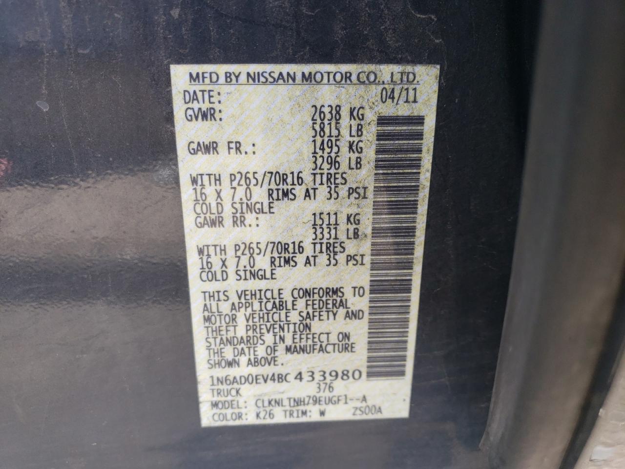 Photo 10 from auction – 2011 NISSAN FRONTIER S with VIN 1N6AD0EV4BC433980