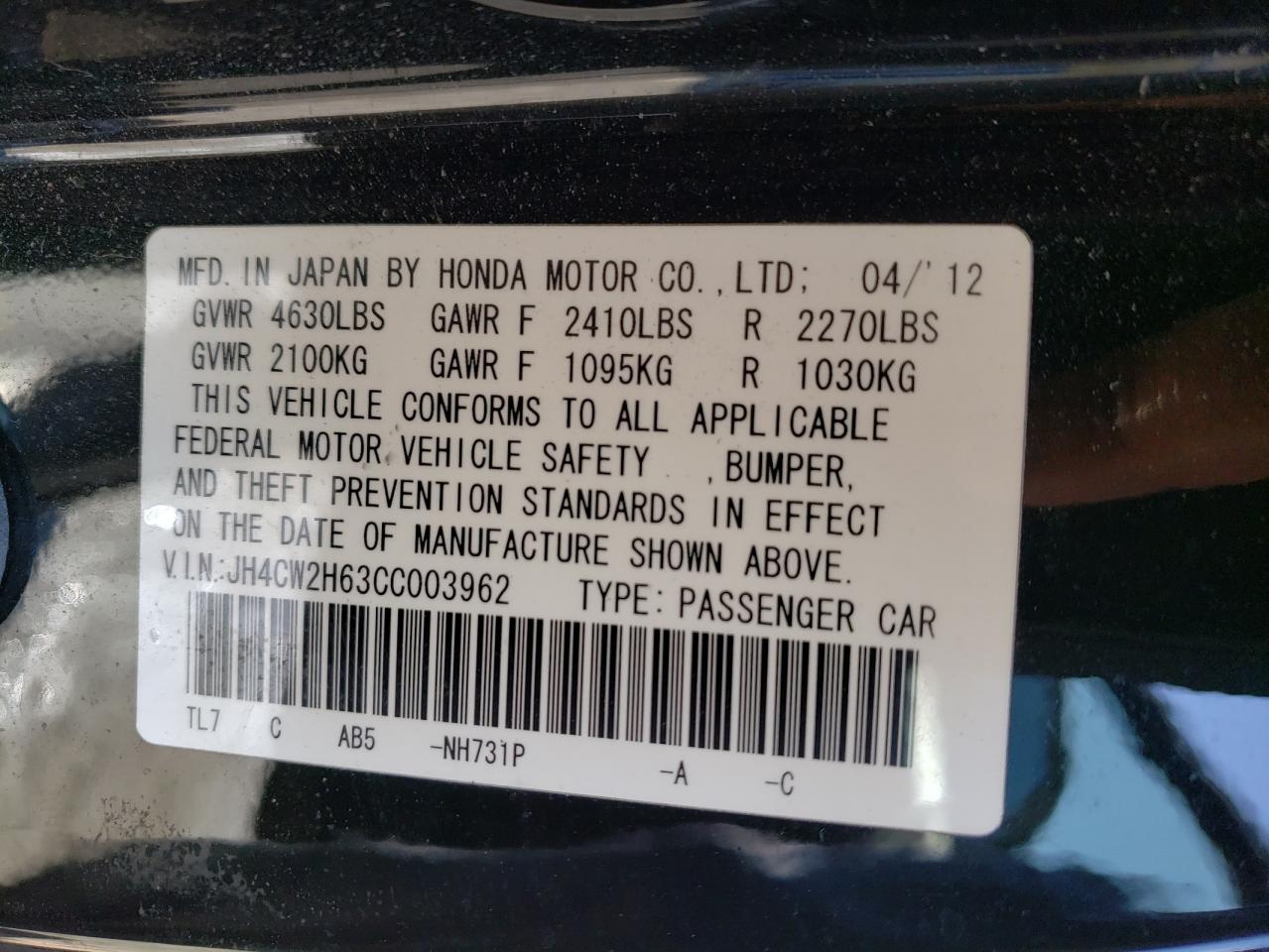 Photo 10 from auction – 2012 ACURA TSX TECH with VIN JH4CW2H63CC003962