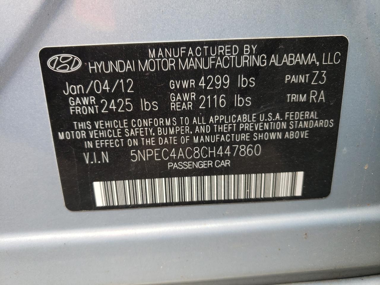 Photo 10 from auction – 2012 HYUNDAI SONATA SE with VIN 5NPEC4AC8CH447860