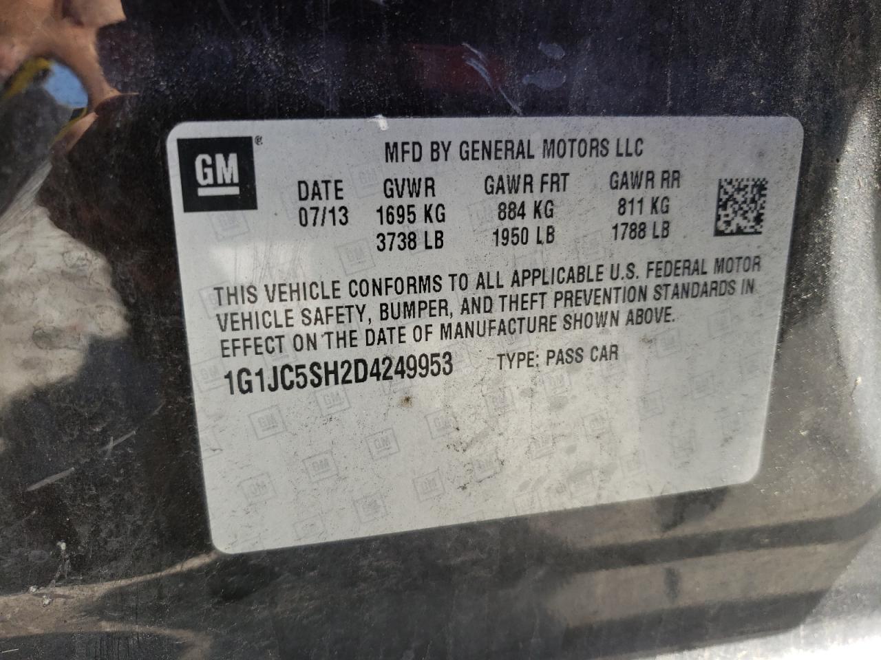 Photo 10 from auction – 2013 CHEVROLET SONIC LT with VIN 1G1JC5SH2D4249953