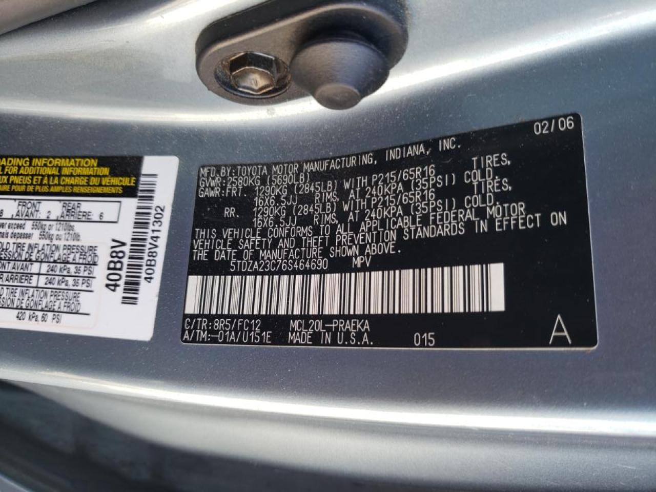 Photo 10 from auction – 2006 TOYOTA SIENNA CE with VIN 5TDZA23C76S464690