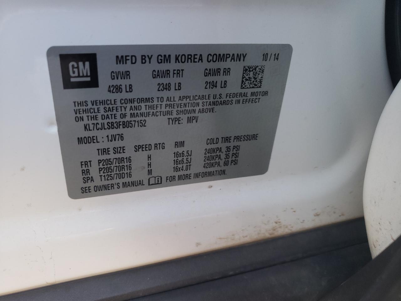 Photo 10 from auction – 2015 CHEVROLET TRAX 1LT with VIN KL7CJLSB3FB057152