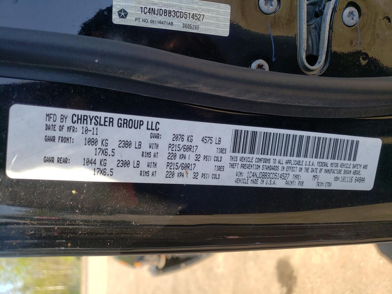 Photo 10 from auction – 2012 JEEP COMPASS SP with VIN 1C4NJDBB3CD514527