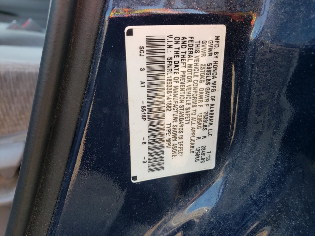 Photo 10 from auction – 2003 HONDA ODYSSEY LX with VIN 5FNRL18533B141882