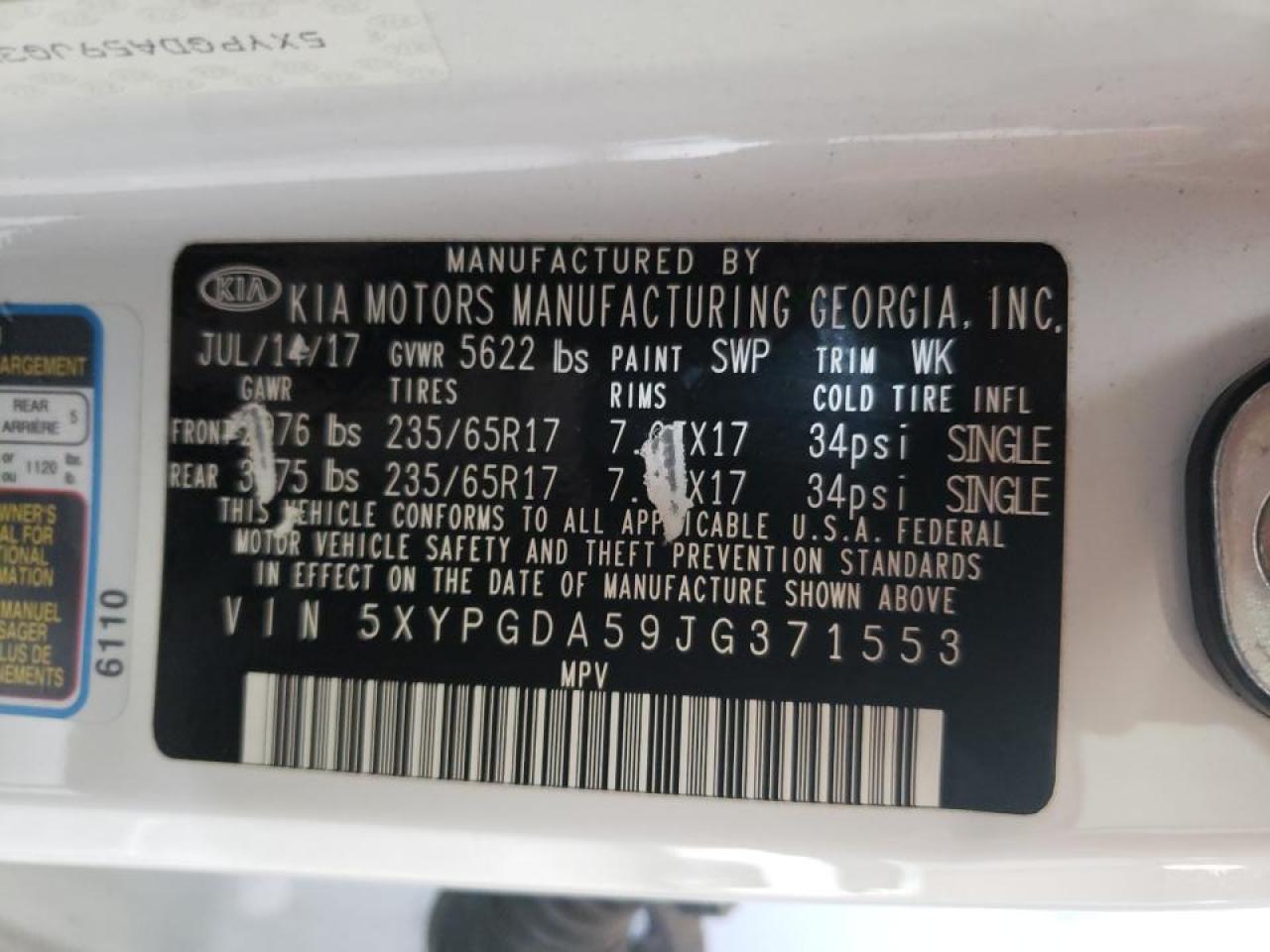 Photo 10 from auction – 2018 KIA SORENTO LX with VIN 5XYPGDA59JG371553