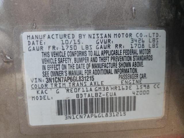 Photo 10 from auction – 2016 NISSAN VERSA S with VIN 3N1CN7AP6GL831215