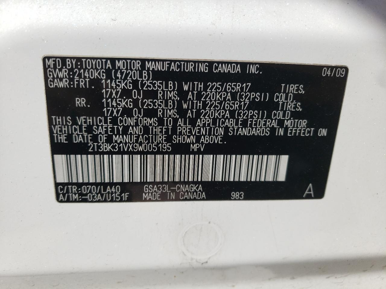 Photo 10 from auction – 2009 TOYOTA RAV4 LIMIT with VIN 2T3BK31VX9W005195