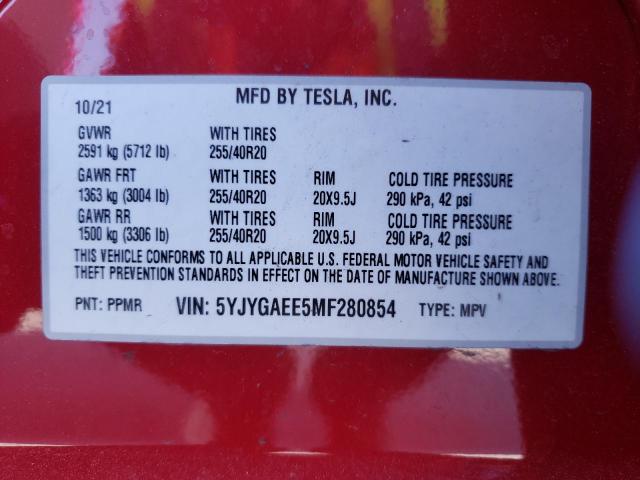 Foto 10 de la subasta – 2021 TESLA MODEL Y con VIN 5YJYGAEE5MF280854