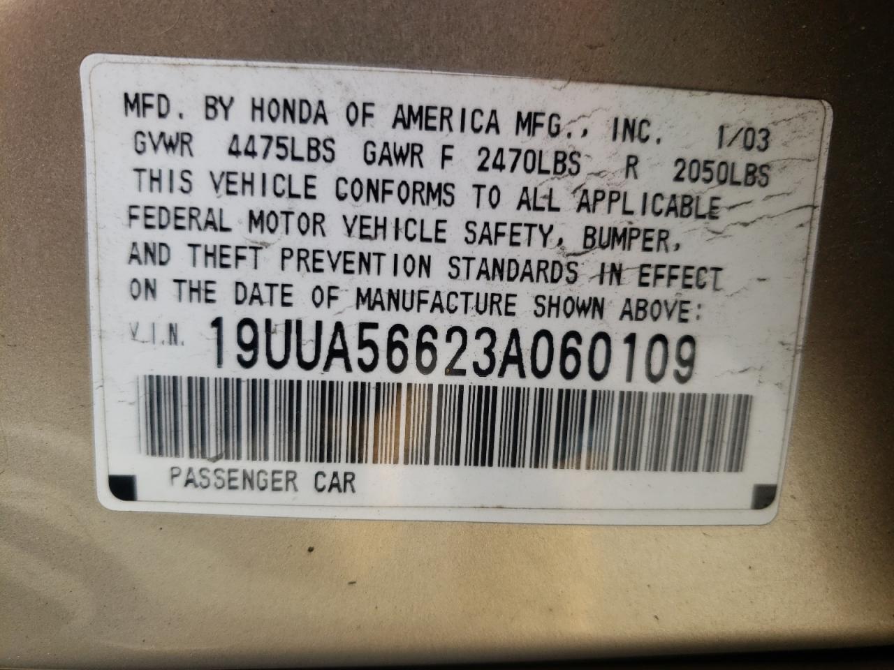 Photo 10 from auction – 2003 ACURA 3.2TL with VIN 19UUA56623A060109