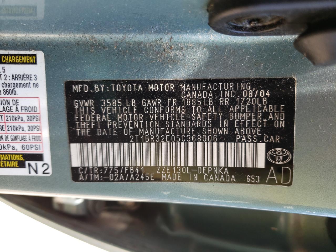 Photo 10 from auction – 2005 TOYOTA COROLLA CE with VIN 2T1BR32E05C368006