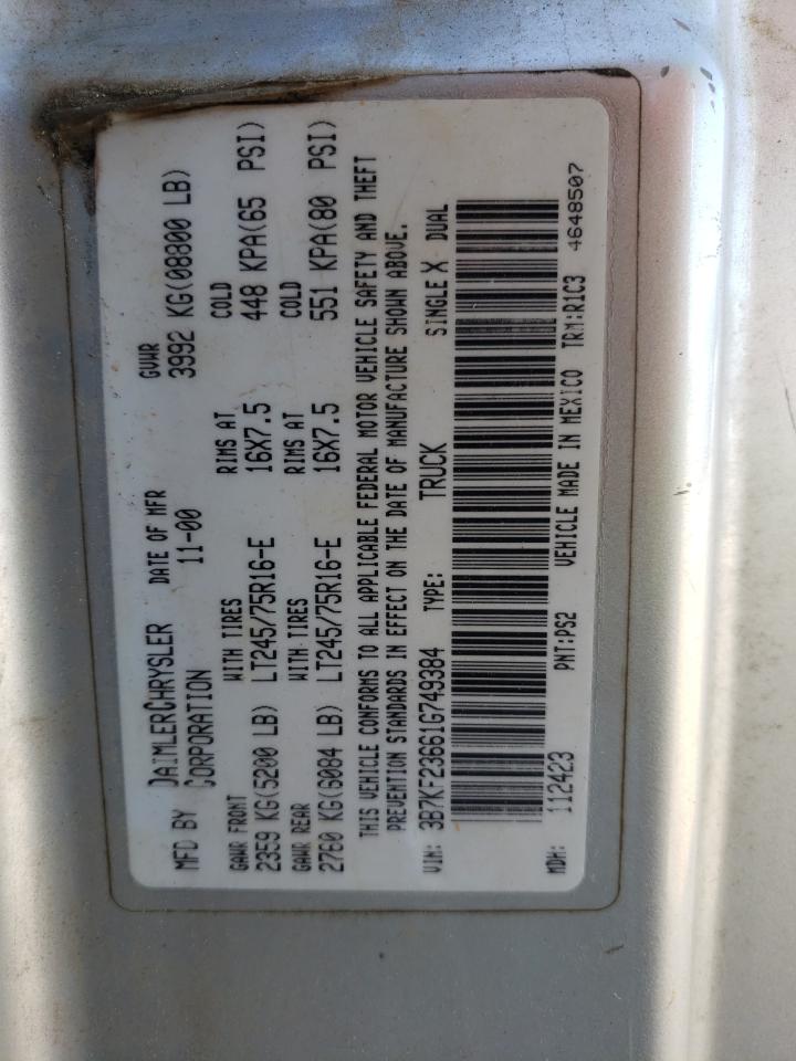 Photo 10 from auction – 2001 DODGE RAM 2500 with VIN 3B7KF23661G749384