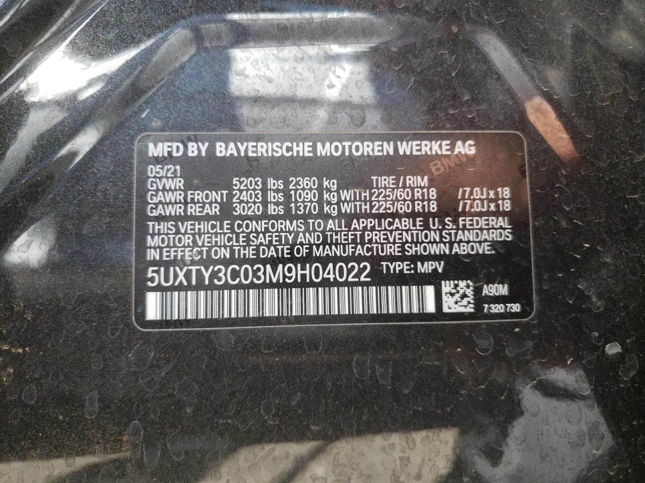 Photo 10 from auction – 2021 BMW X3 SDRIVE3 with VIN 5UXTY3C03M9H04022