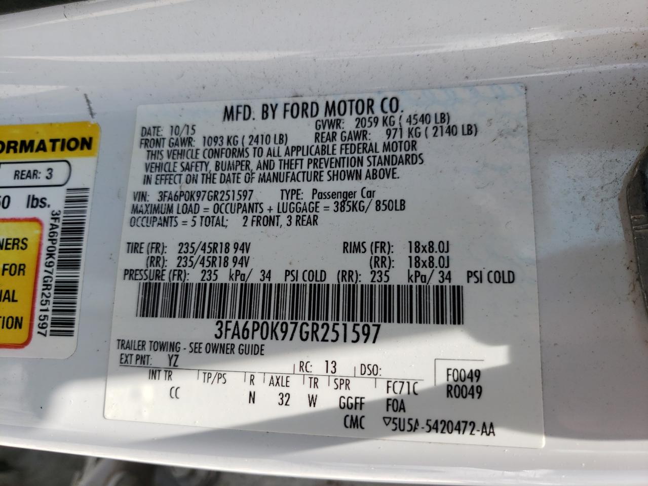 Photo 10 from auction – 2016 FORD FUSION TIT with VIN 3FA6P0K97GR251597