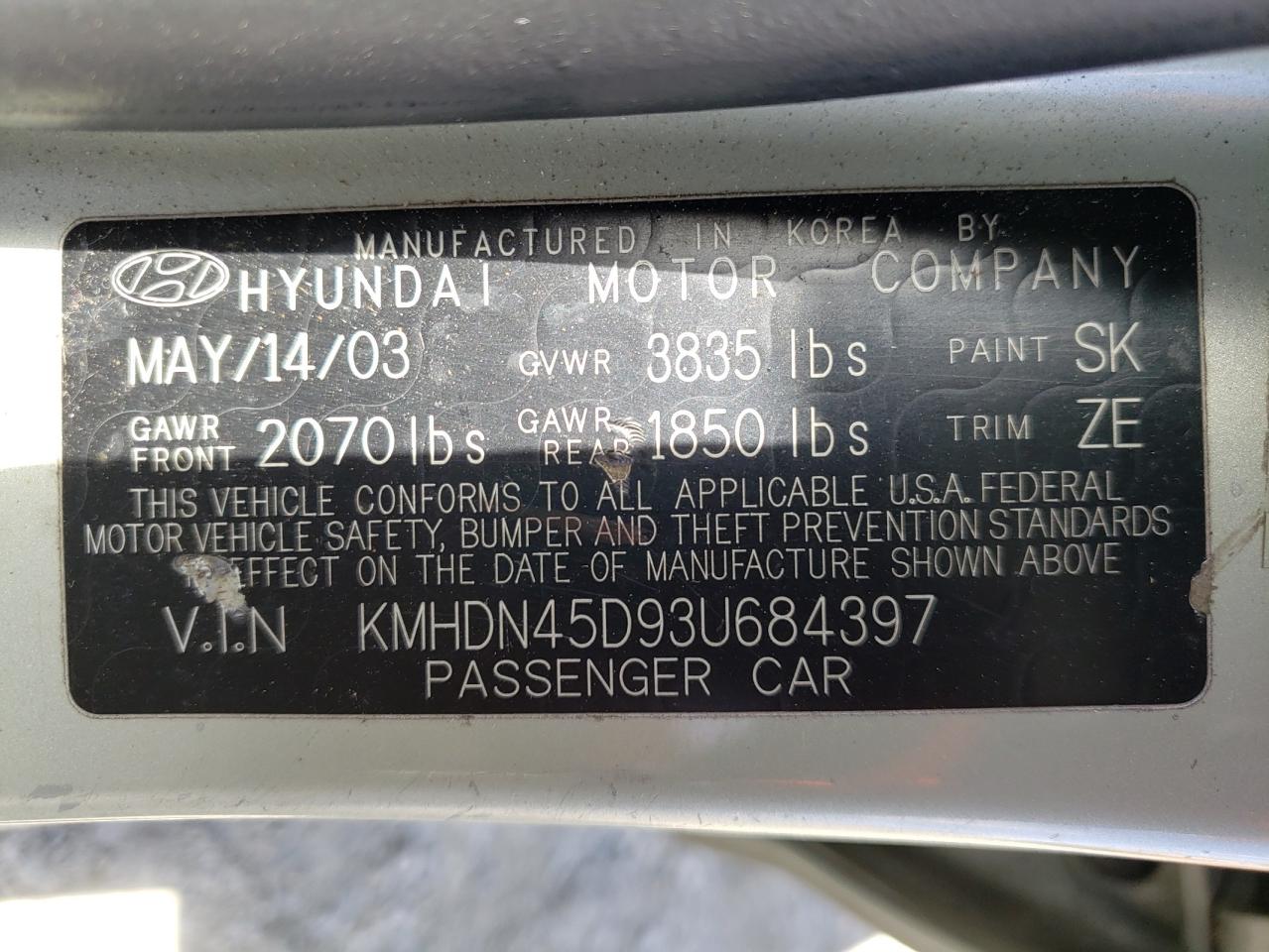 Photo 10 from auction – 2003 HYUNDAI ELANTRA GL with VIN KMHDN45D93U684397