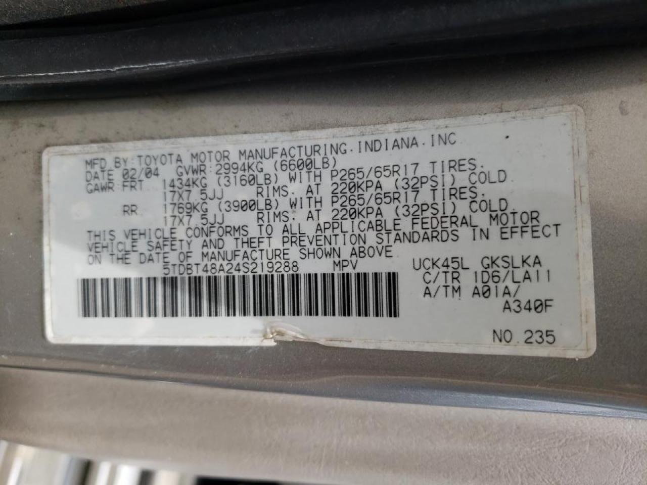 Photo 10 from auction – 2004 TOYOTA SEQUOIA LI with VIN 5TDBT48A24S219288