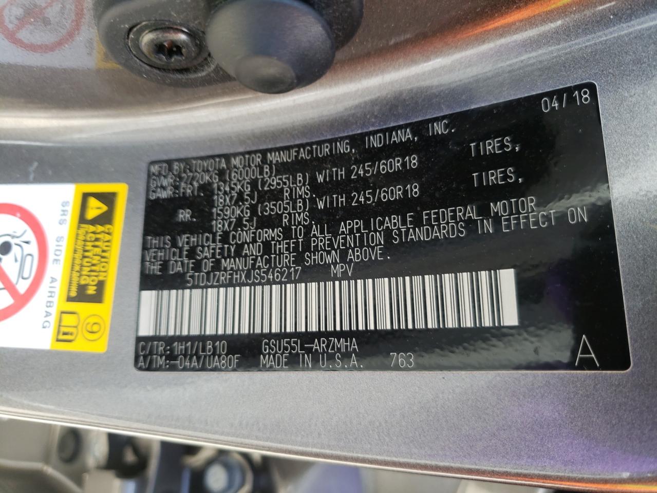 Photo 10 from auction – 2018 TOYOTA HIGHLANDER with VIN 5TDJZRFHXJS546217