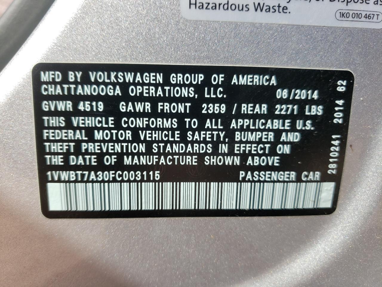 Photo 10 from auction – 2015 VOLKSWAGEN PASSAT SE with VIN 1VWBT7A30FC003115