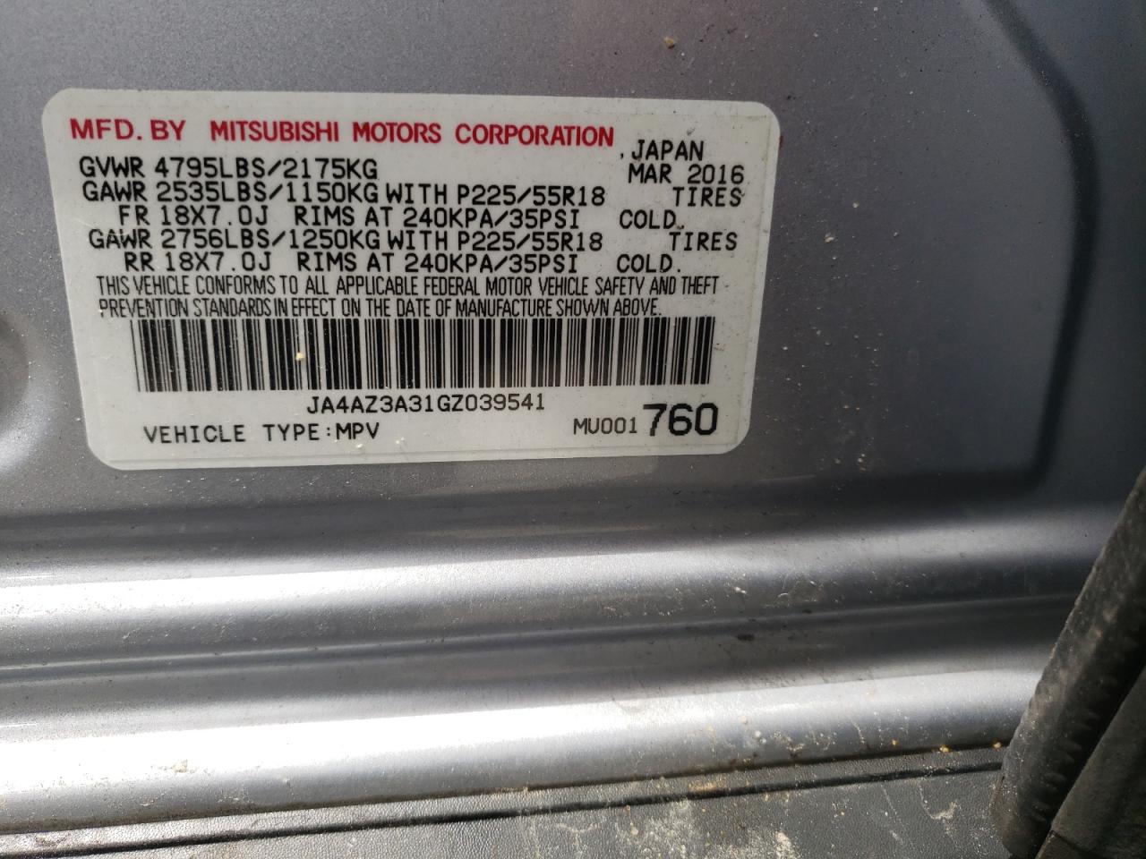Photo 10 from auction – 2016 MITSUBISHI OUTLANDER with VIN JA4AZ3A31GZ039541