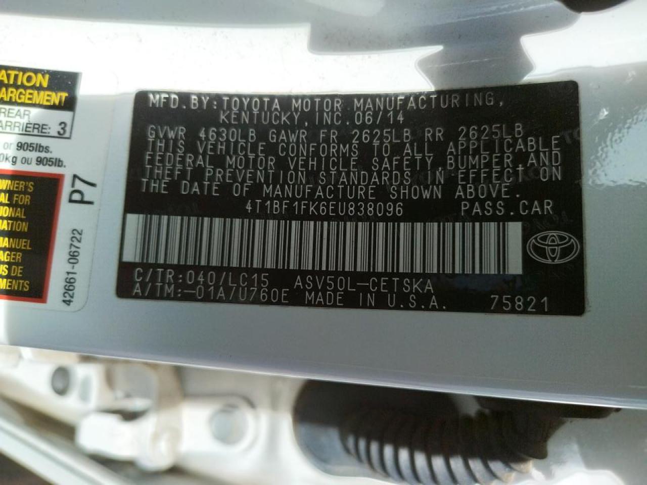 Photo 10 from auction – 2014 TOYOTA CAMRY L with VIN 4T1BF1FK6EU838096
